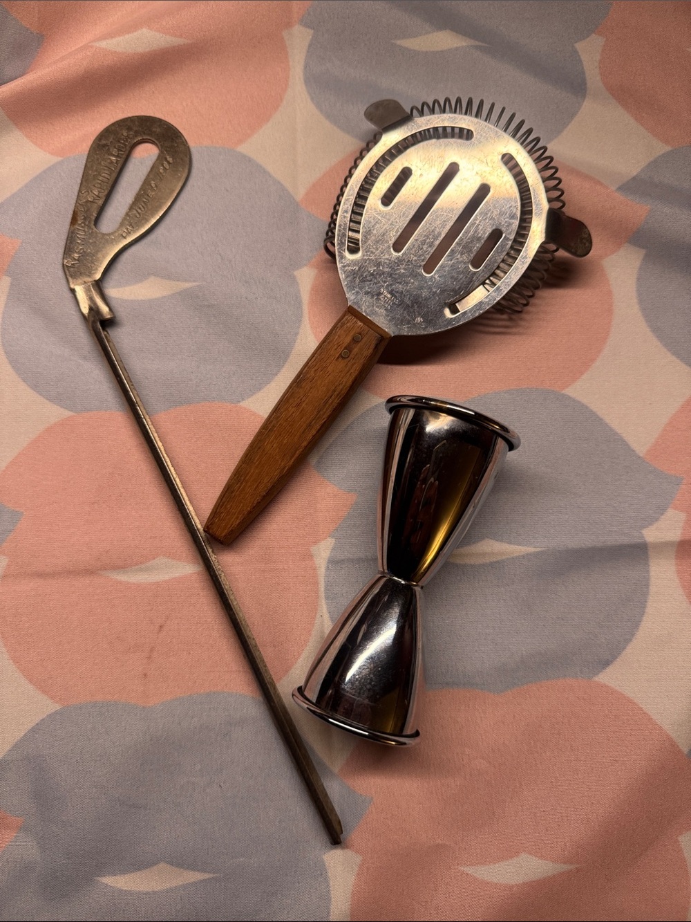Vintage Metal Bar Tool Set Cocktail Kit Strainer Jigger Bottle opener